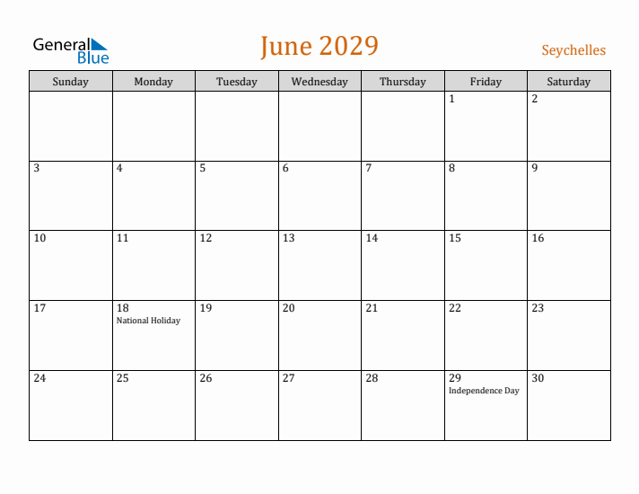 June 2029 Holiday Calendar with Sunday Start