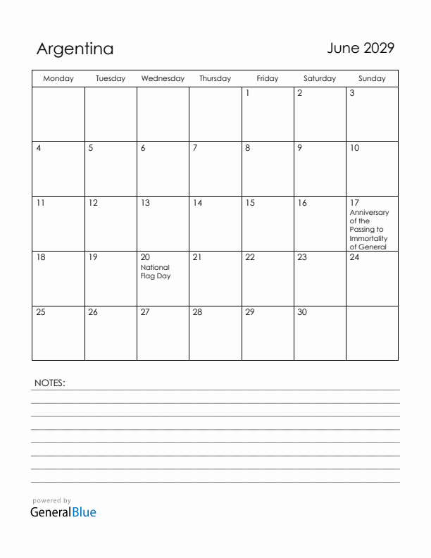 June 2029 Argentina Calendar with Holidays (Monday Start)