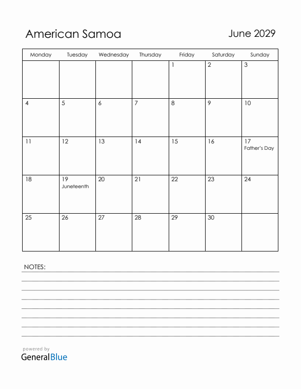 June 2029 American Samoa Calendar with Holidays (Monday Start)