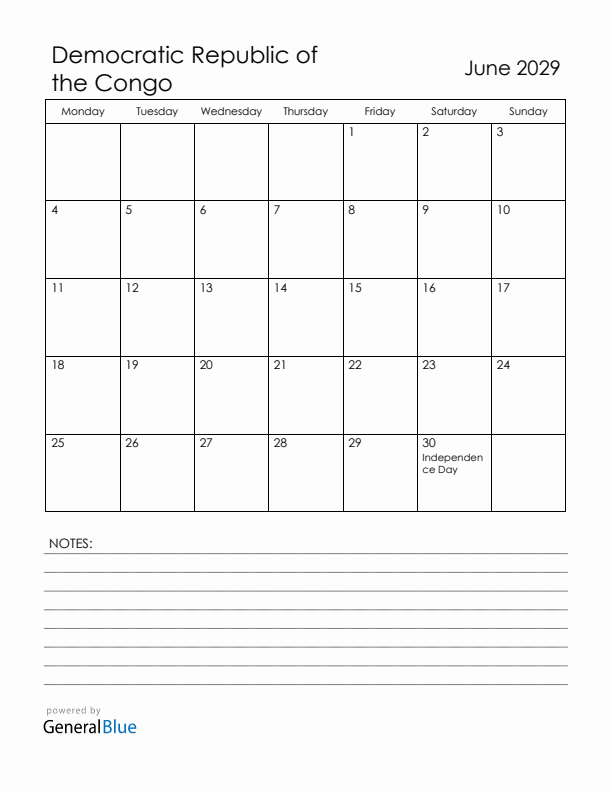 June 2029 Democratic Republic of the Congo Calendar with Holidays (Monday Start)