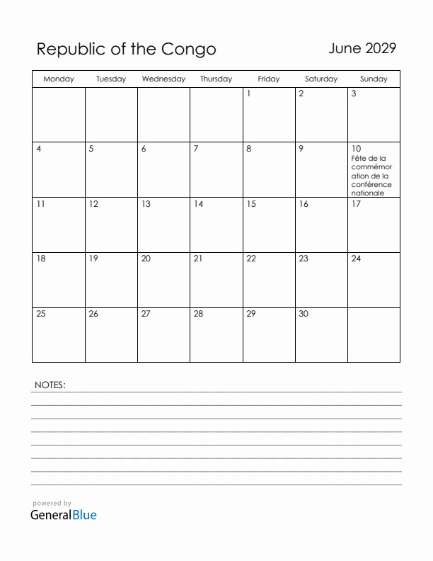June 2029 Republic of the Congo Calendar with Holidays (Monday Start)