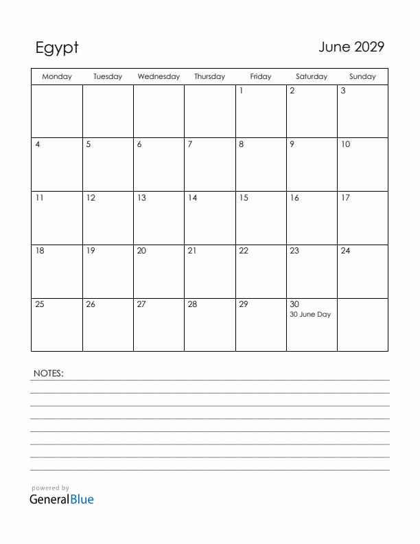 June 2029 Egypt Calendar with Holidays (Monday Start)