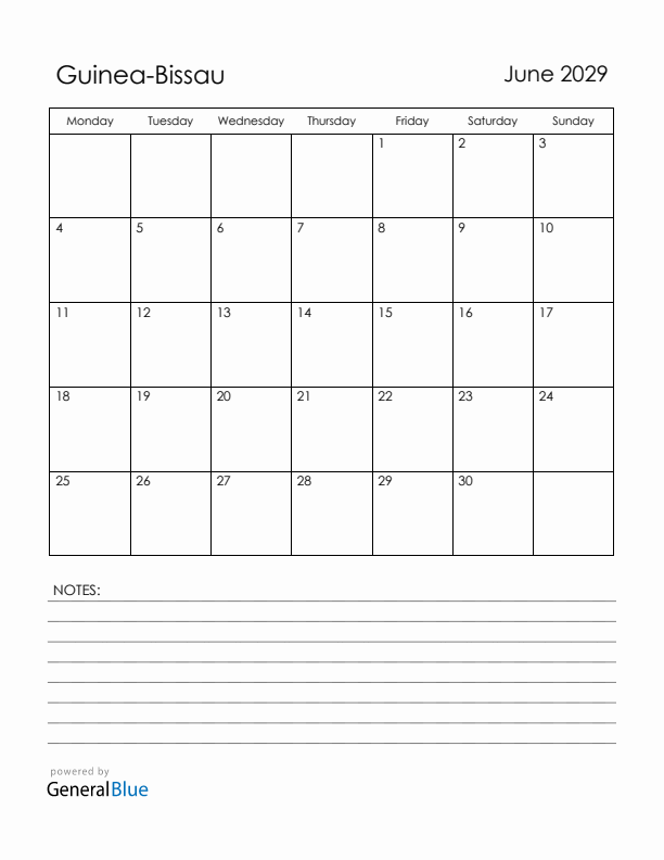 June 2029 Guinea-Bissau Calendar with Holidays (Monday Start)