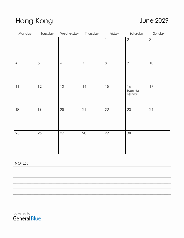 June 2029 Hong Kong Calendar with Holidays (Monday Start)
