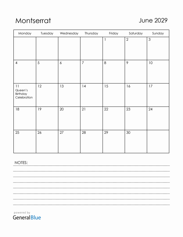 June 2029 Montserrat Calendar with Holidays (Monday Start)