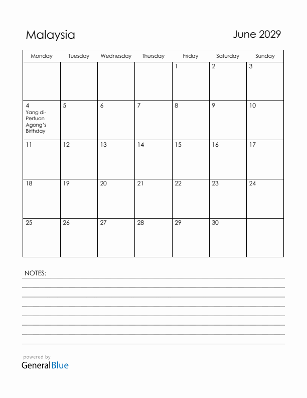 June 2029 Malaysia Calendar with Holidays (Monday Start)