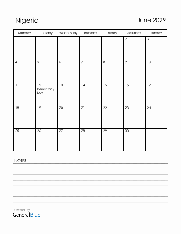 June 2029 Nigeria Calendar with Holidays (Monday Start)