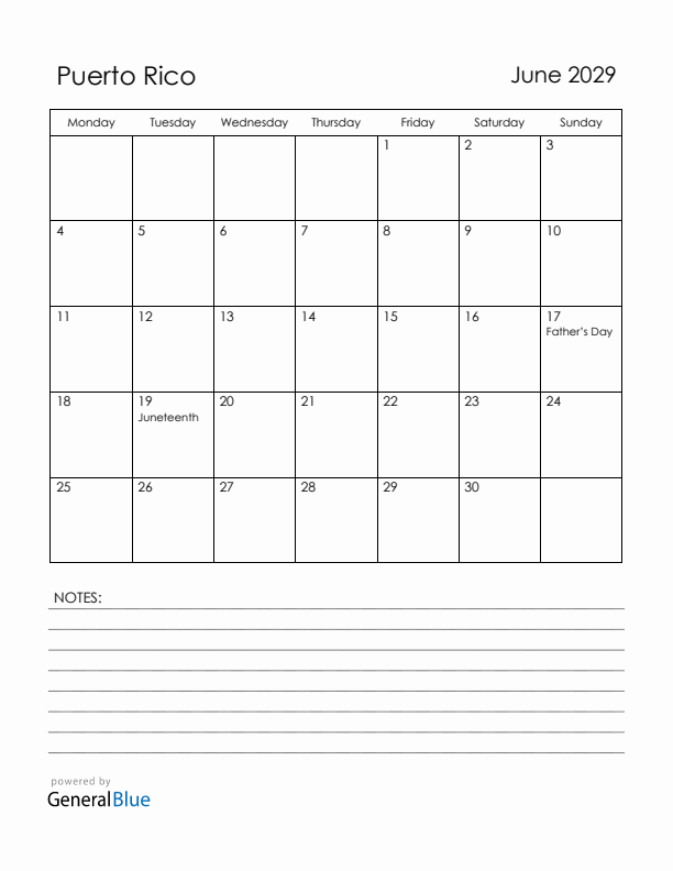 June 2029 Puerto Rico Calendar with Holidays (Monday Start)
