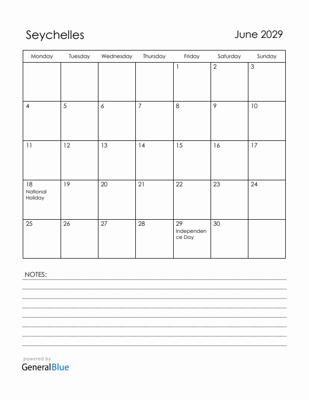 June 2029 Seychelles Calendar with Holidays (Monday Start)