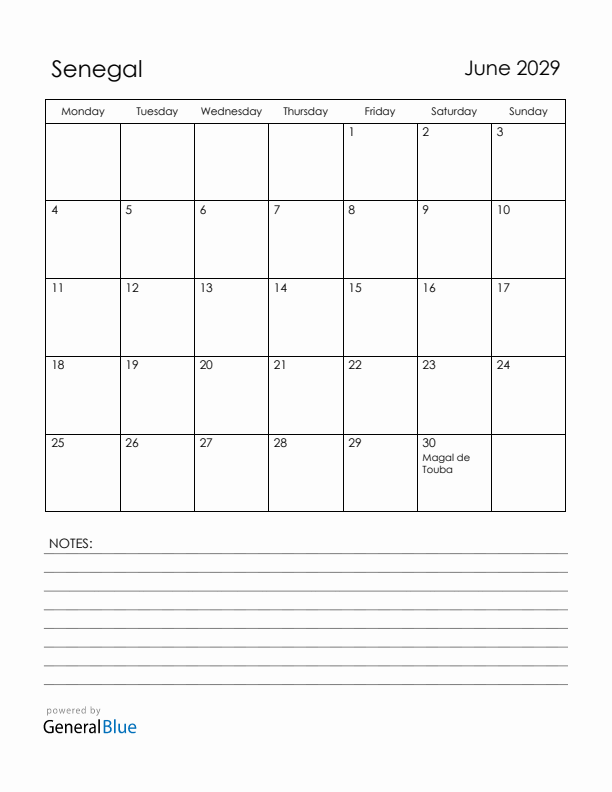 June 2029 Senegal Calendar with Holidays (Monday Start)