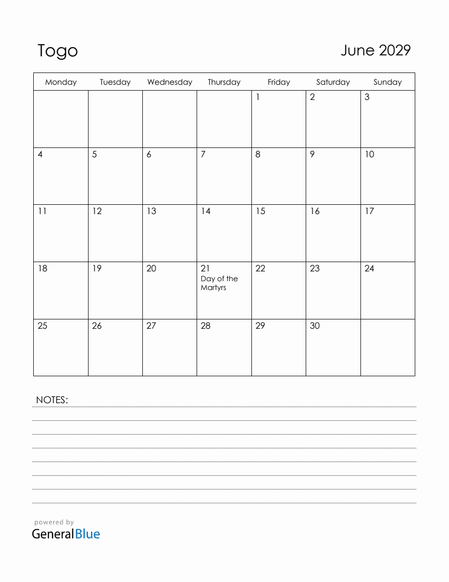 June 2029 Togo Calendar with Holidays