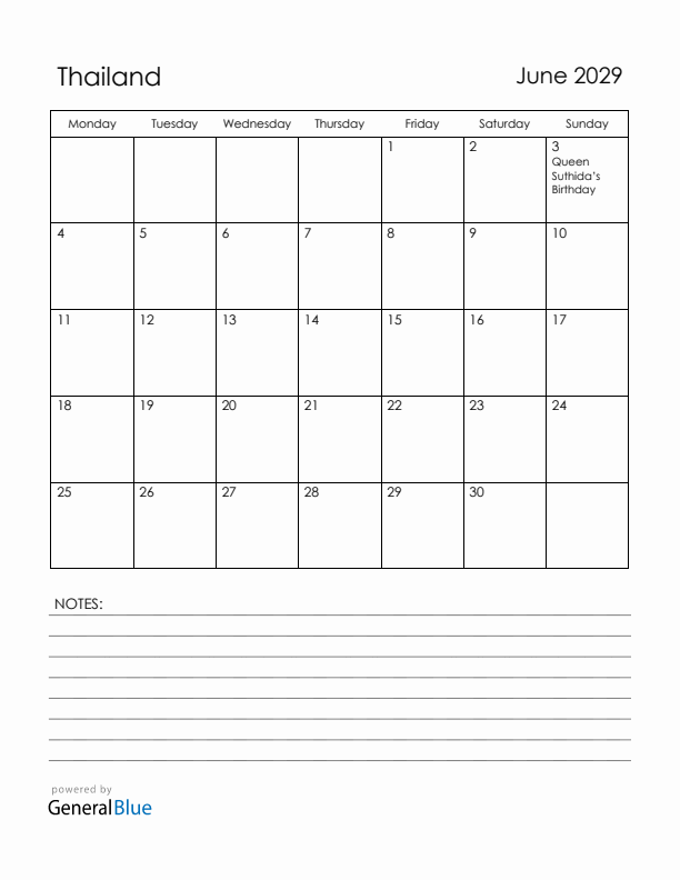 June 2029 Thailand Calendar with Holidays (Monday Start)