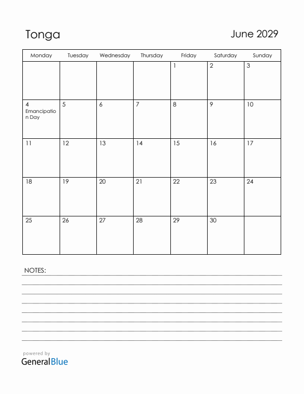 June 2029 Tonga Calendar with Holidays (Monday Start)