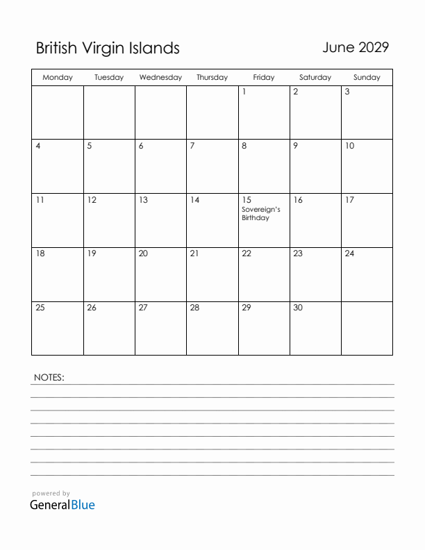 June 2029 British Virgin Islands Calendar with Holidays (Monday Start)