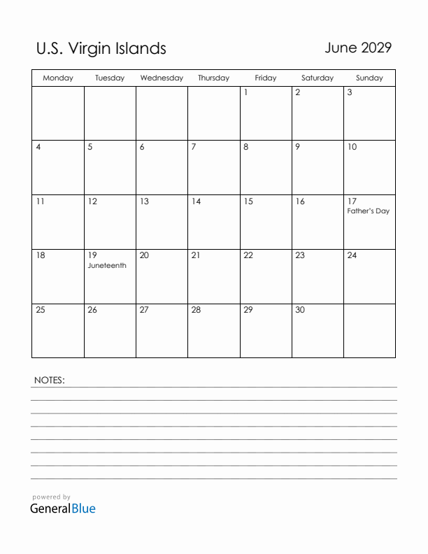 June 2029 U.S. Virgin Islands Calendar with Holidays (Monday Start)