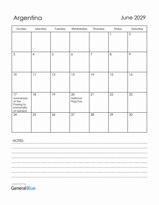 June 2029 Argentina Calendar with Holidays (Sunday Start)