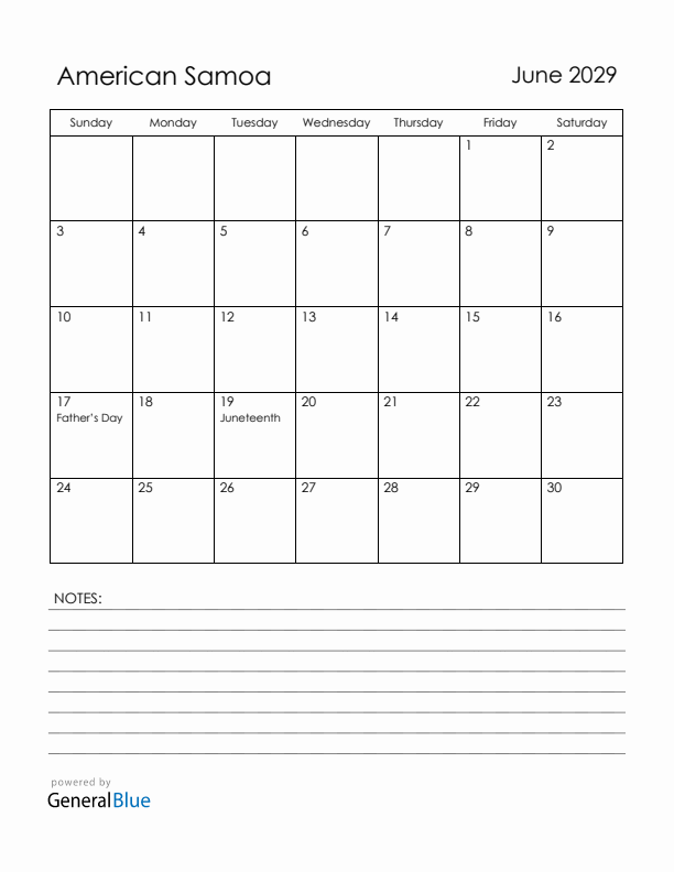 June 2029 American Samoa Calendar with Holidays (Sunday Start)