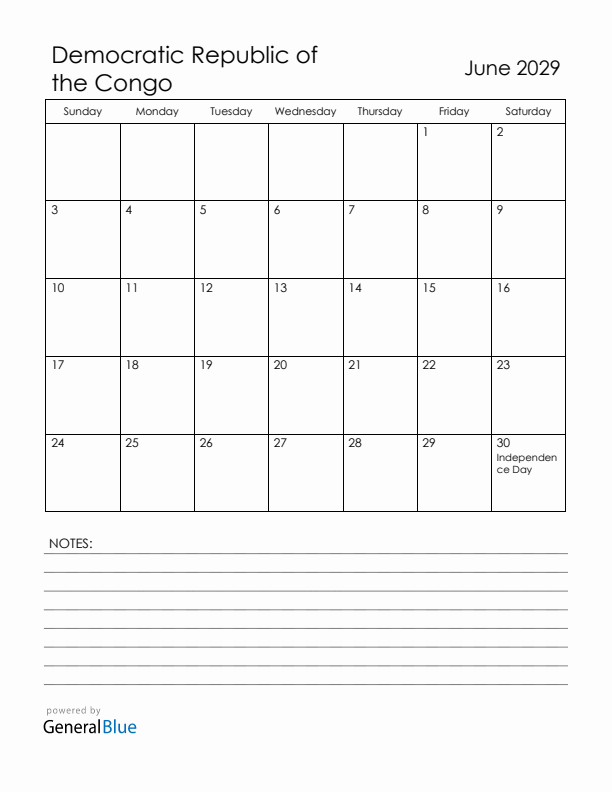 June 2029 Democratic Republic of the Congo Calendar with Holidays (Sunday Start)