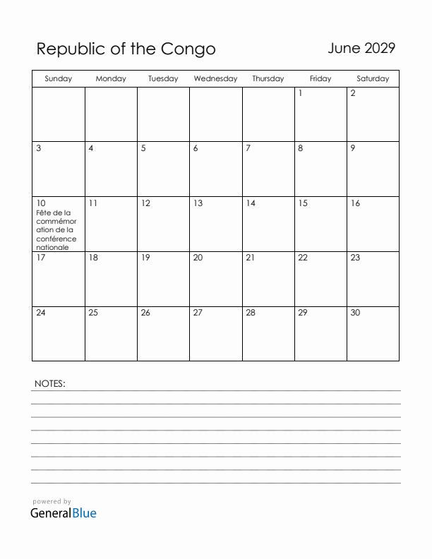 June 2029 Republic of the Congo Calendar with Holidays (Sunday Start)