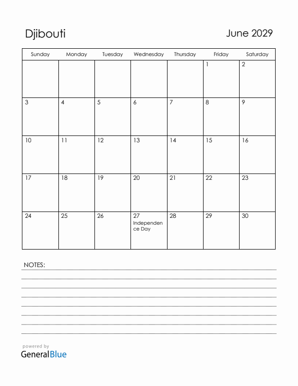 June 2029 Djibouti Calendar with Holidays (Sunday Start)