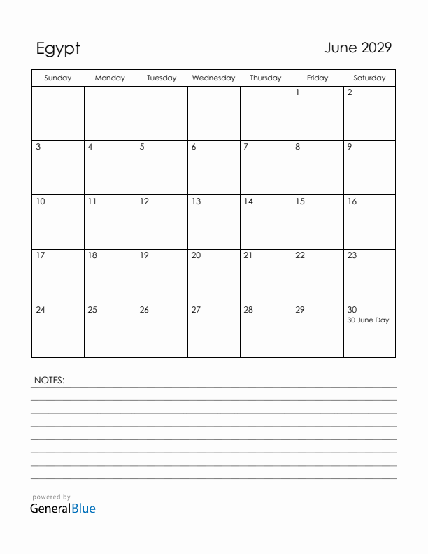 June 2029 Egypt Calendar with Holidays (Sunday Start)