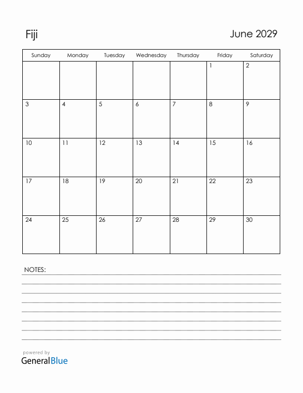June 2029 Fiji Calendar with Holidays (Sunday Start)