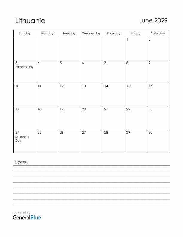 June 2029 Lithuania Calendar with Holidays (Sunday Start)