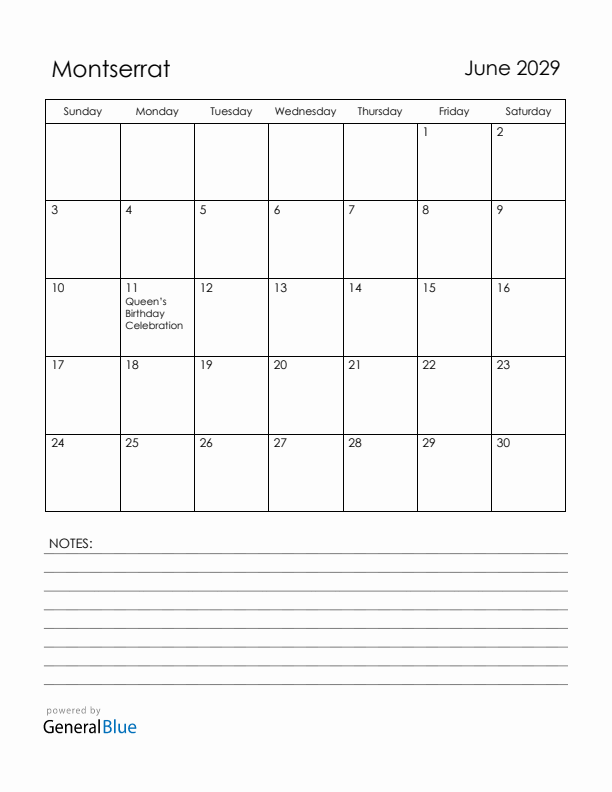 June 2029 Montserrat Calendar with Holidays (Sunday Start)
