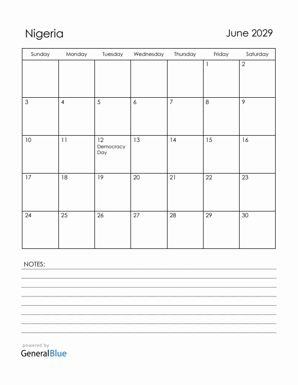 June 2029 Nigeria Calendar with Holidays (Sunday Start)