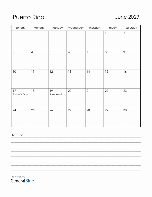 June 2029 Puerto Rico Calendar with Holidays (Sunday Start)