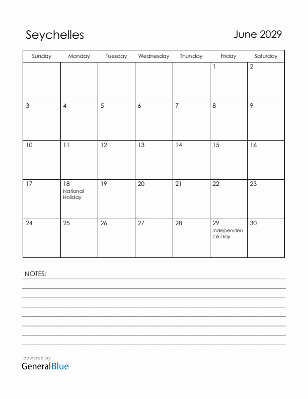 June 2029 Seychelles Calendar with Holidays (Sunday Start)