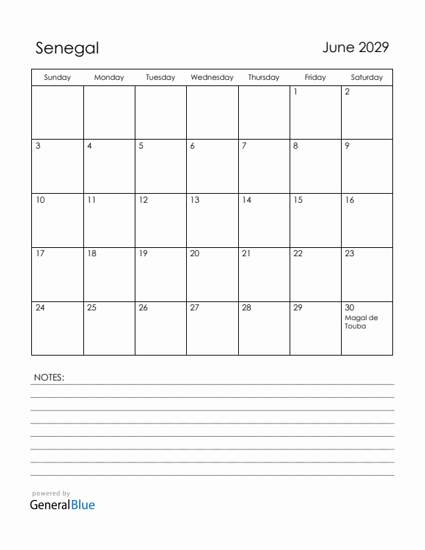June 2029 Senegal Calendar with Holidays (Sunday Start)