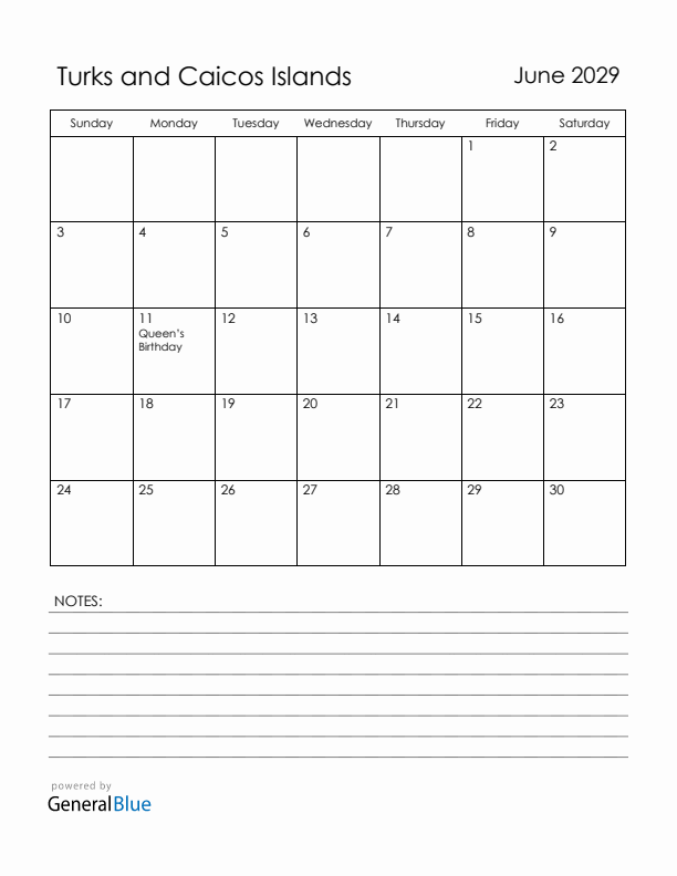 June 2029 Turks and Caicos Islands Calendar with Holidays (Sunday Start)