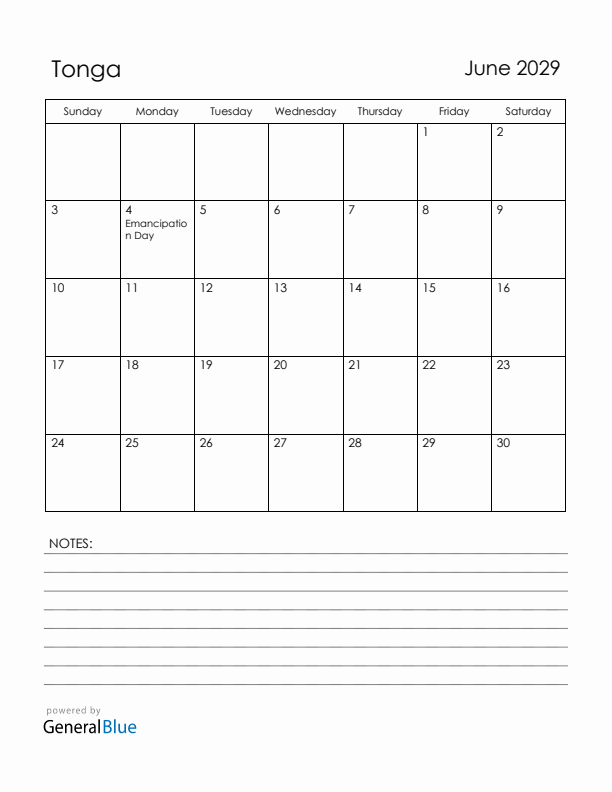 June 2029 Tonga Calendar with Holidays (Sunday Start)