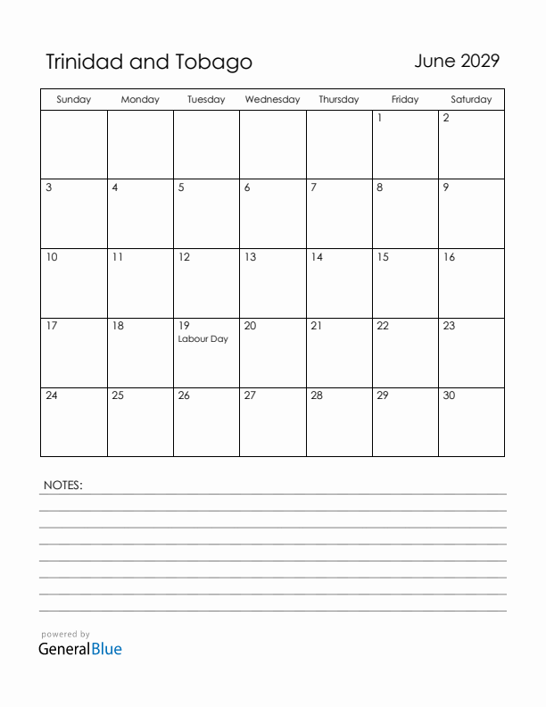 June 2029 Trinidad and Tobago Calendar with Holidays (Sunday Start)