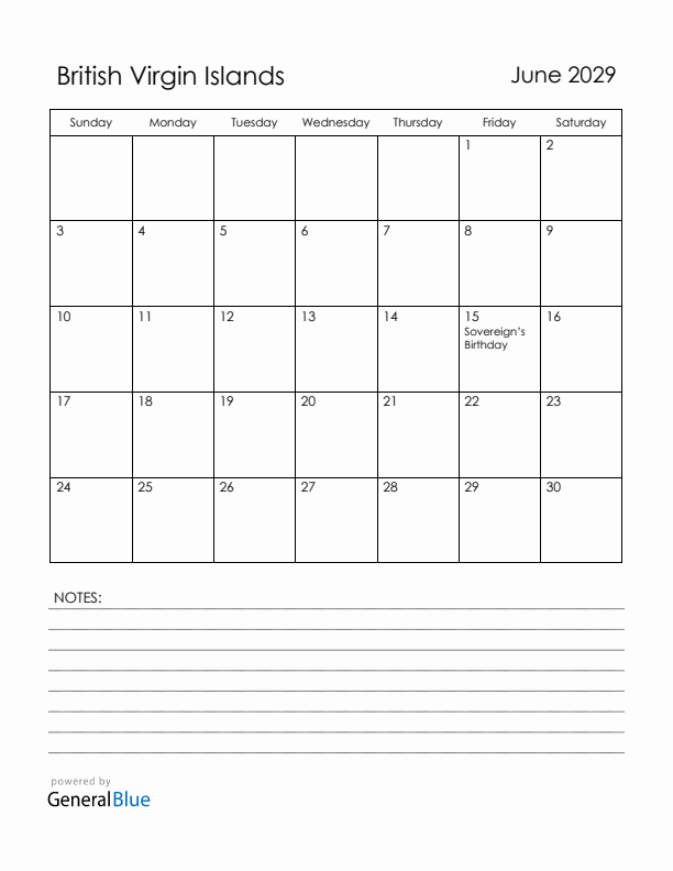 June 2029 British Virgin Islands Calendar with Holidays (Sunday Start)
