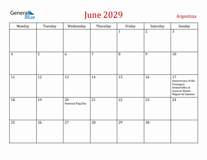 Argentina June 2029 Calendar - Monday Start