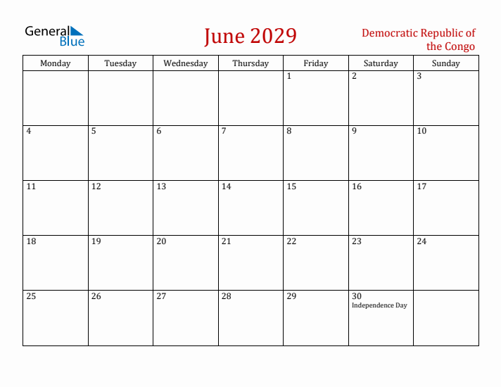 Democratic Republic of the Congo June 2029 Calendar - Monday Start