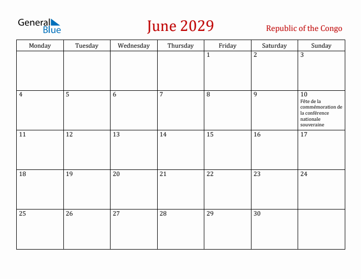 Republic of the Congo June 2029 Calendar - Monday Start