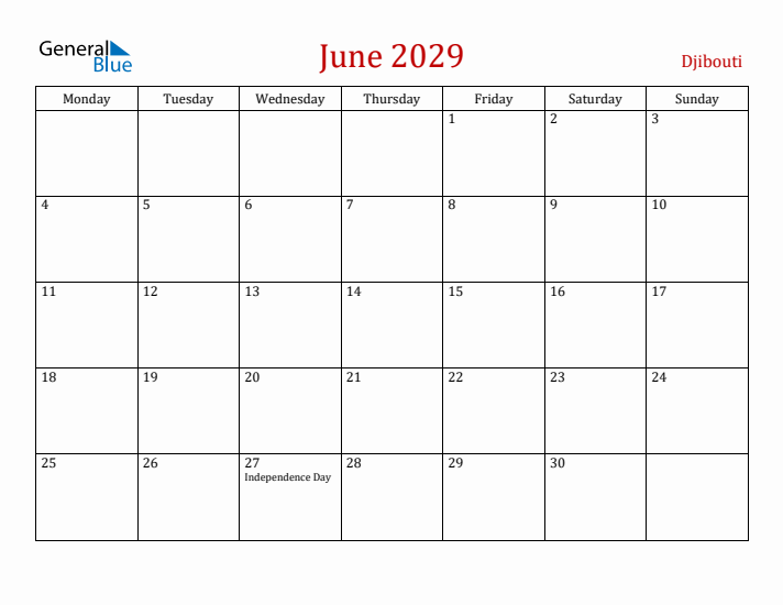 Djibouti June 2029 Calendar - Monday Start
