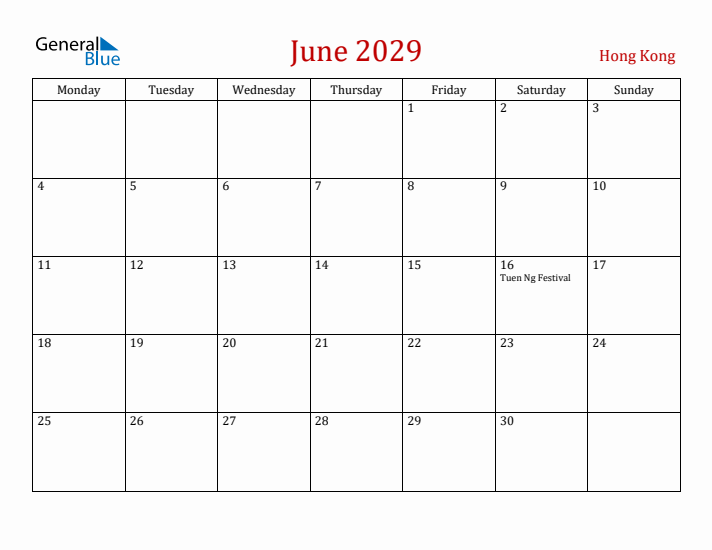Hong Kong June 2029 Calendar - Monday Start
