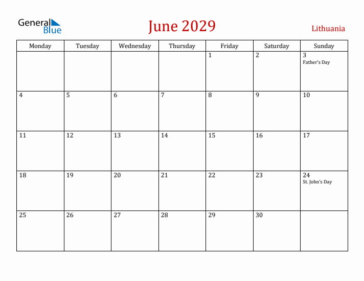 Lithuania June 2029 Calendar - Monday Start