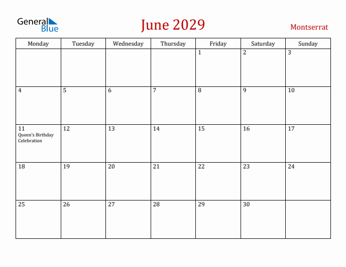 Montserrat June 2029 Calendar - Monday Start