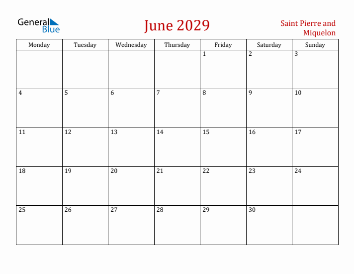 Saint Pierre and Miquelon June 2029 Calendar - Monday Start