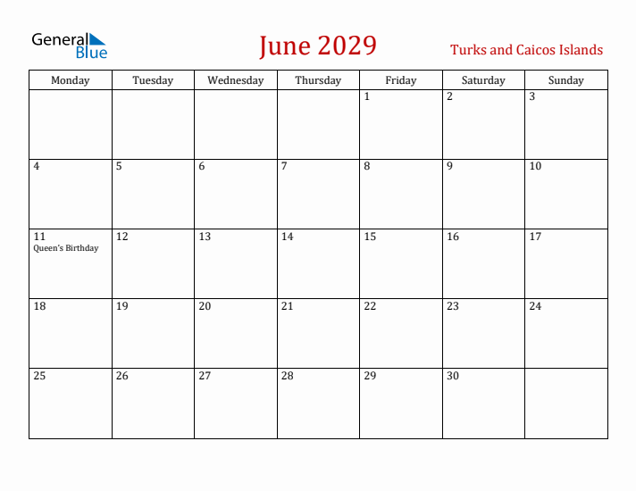 Turks and Caicos Islands June 2029 Calendar - Monday Start