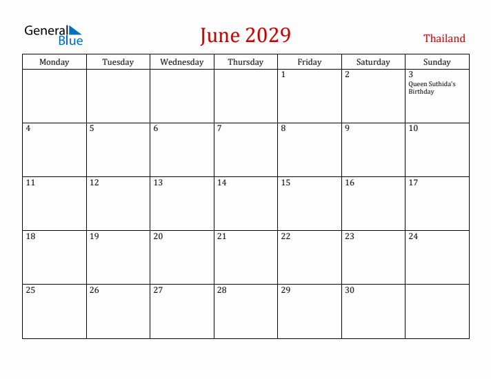 Thailand June 2029 Calendar - Monday Start