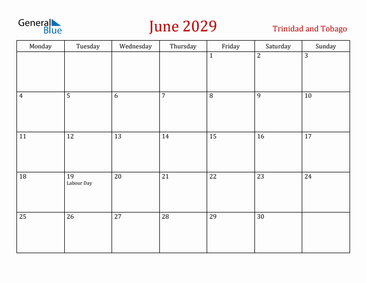 Trinidad and Tobago June 2029 Calendar - Monday Start