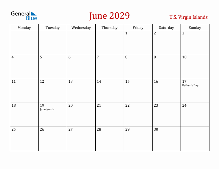 U.S. Virgin Islands June 2029 Calendar - Monday Start