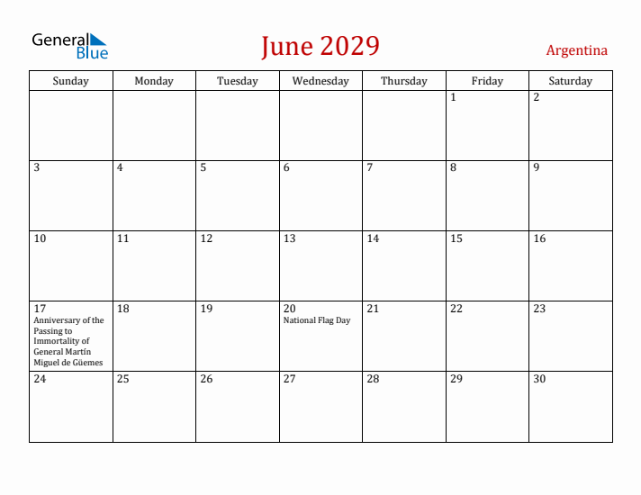 Argentina June 2029 Calendar - Sunday Start