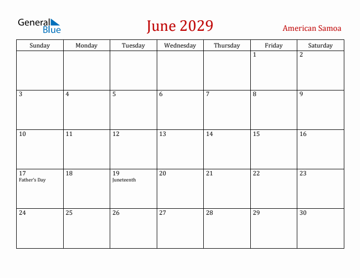 American Samoa June 2029 Calendar - Sunday Start